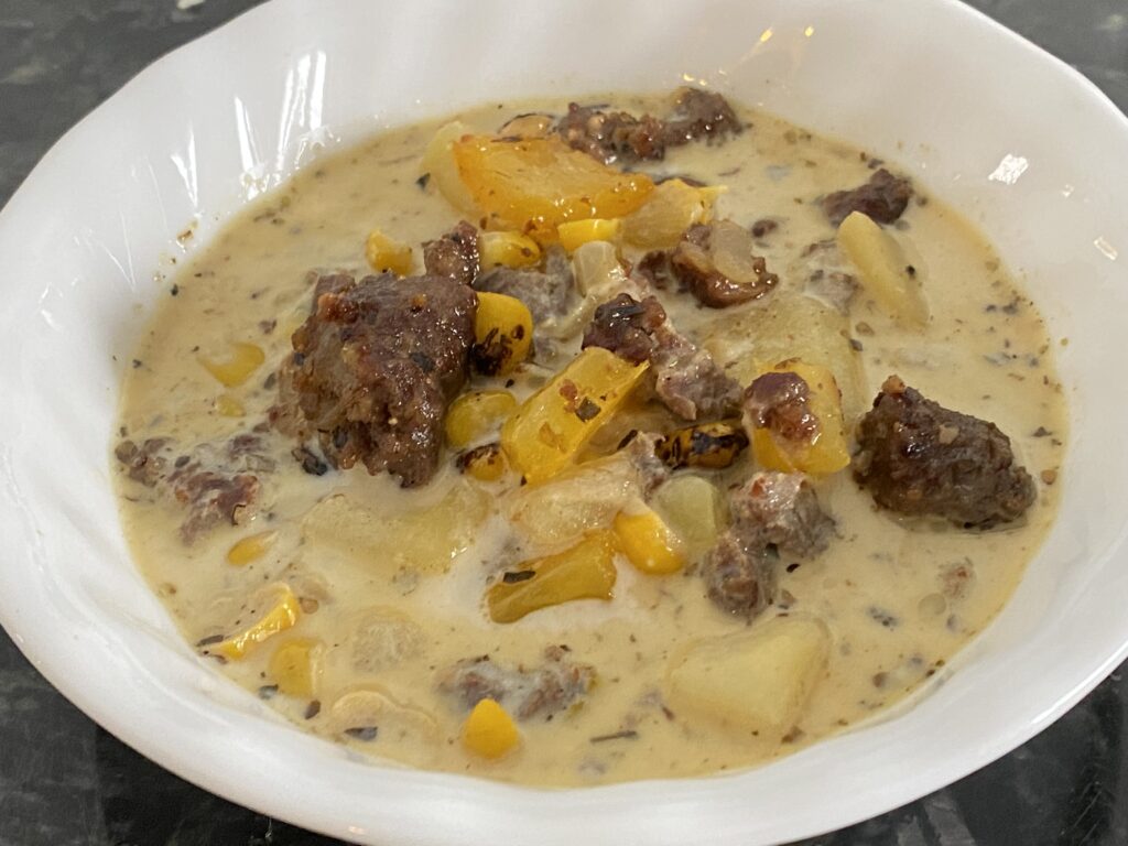 Roasted Garlic Potato Corn Chowder with Bratwurst and Peppers