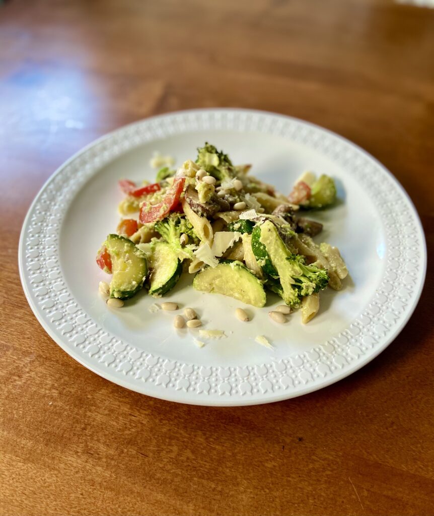 Roasted Vegetable Penne Pasta with Green Garlic Pesto